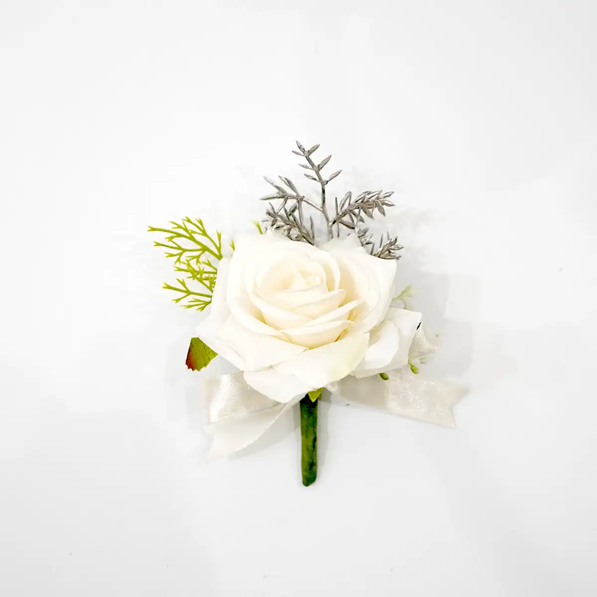 leilani White artificial flower boutonniere front view